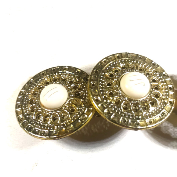Hair Barrette Tension Clip Gold Tone Circles Cream Color Bead Roman Solider - Picture 4 of 6